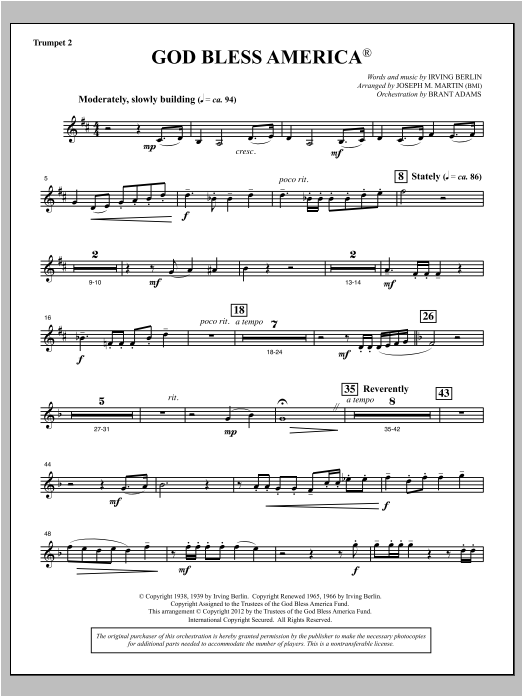 Joseph Martin God Bless America - Bb Trumpet 2 sheet music notes and chords arranged for Choir Instrumental Pak