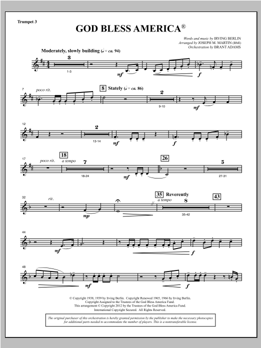 Joseph Martin God Bless America - Bb Trumpet 3 sheet music notes and chords arranged for Choir Instrumental Pak