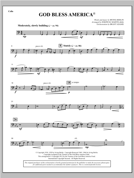Joseph Martin God Bless America - Cello sheet music notes and chords arranged for Choir Instrumental Pak