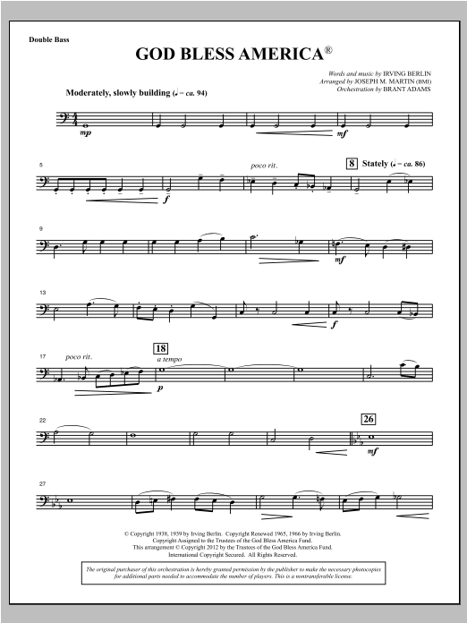 Joseph Martin God Bless America - Double Bass sheet music notes and chords arranged for Choir Instrumental Pak