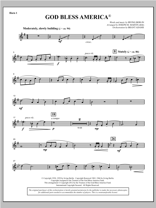 Joseph Martin God Bless America - F Horn 1 sheet music notes and chords arranged for Choir Instrumental Pak