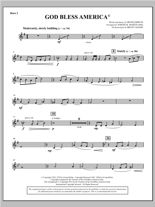Joseph Martin God Bless America - F Horn 2 sheet music notes and chords arranged for Choir Instrumental Pak