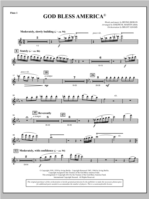 Joseph Martin God Bless America - Flute 1 sheet music notes and chords arranged for Choir Instrumental Pak