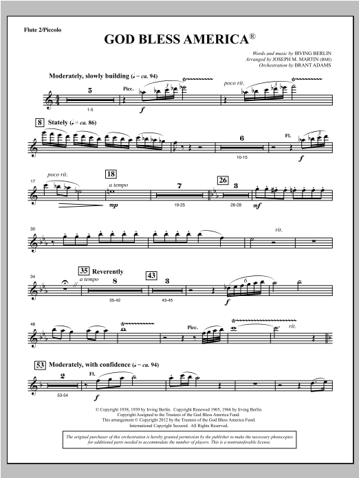 Joseph Martin God Bless America - Flute 2 sheet music notes and chords arranged for Choir Instrumental Pak