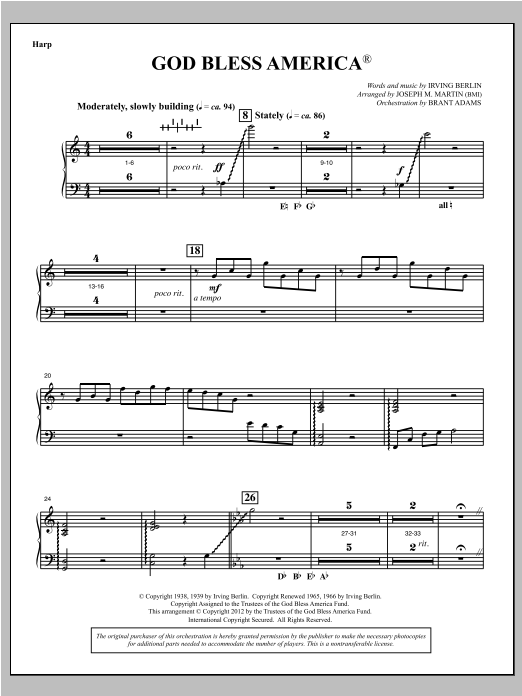 Joseph Martin God Bless America - Harp sheet music notes and chords arranged for Choir Instrumental Pak