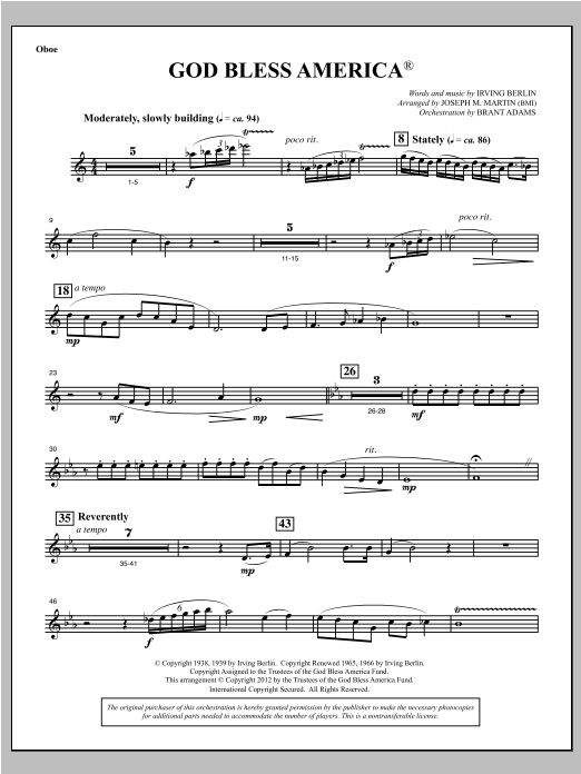 Joseph Martin God Bless America - Oboe sheet music notes and chords arranged for Choir Instrumental Pak