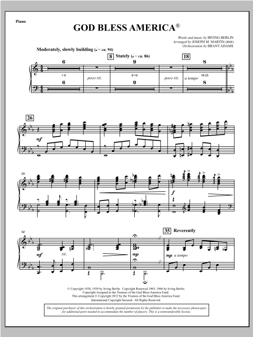 Joseph Martin God Bless America - Piano sheet music notes and chords arranged for Choir Instrumental Pak