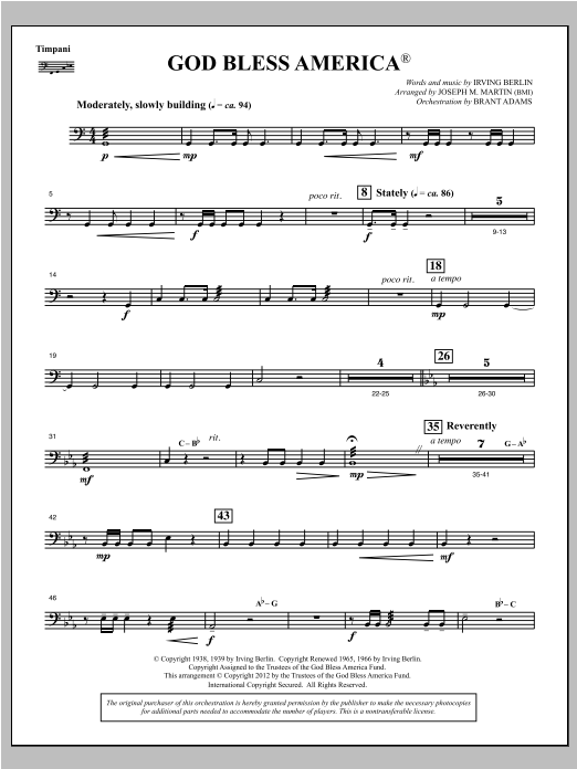 Joseph Martin God Bless America - Timpani sheet music notes and chords arranged for Choir Instrumental Pak