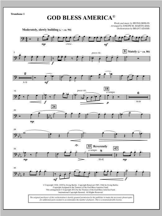 Joseph Martin God Bless America - Trombone 1 sheet music notes and chords arranged for Choir Instrumental Pak