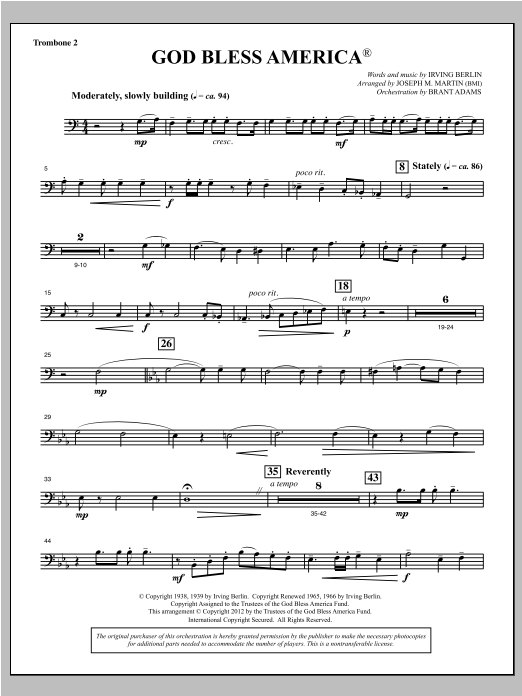 Joseph Martin God Bless America - Trombone 2 sheet music notes and chords arranged for Choir Instrumental Pak