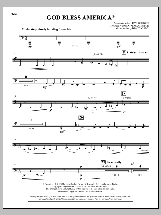 Joseph Martin God Bless America - Tuba sheet music notes and chords arranged for Choir Instrumental Pak