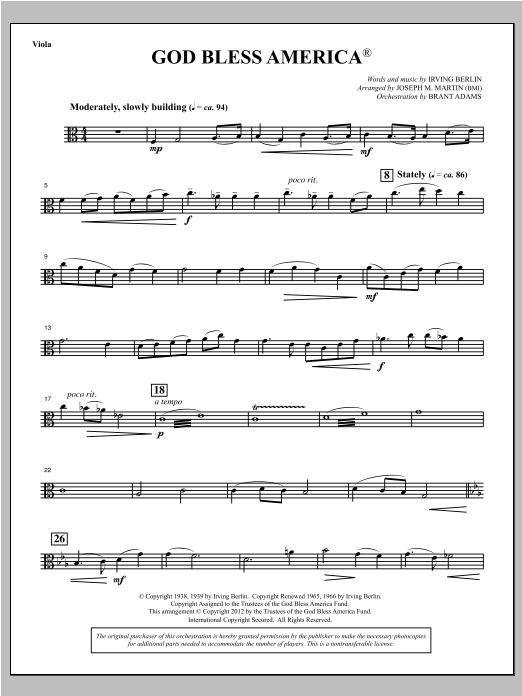 Joseph Martin God Bless America - Viola sheet music notes and chords arranged for Choir Instrumental Pak