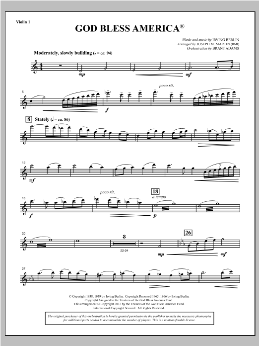 Joseph Martin God Bless America - Violin 1 sheet music notes and chords arranged for Choir Instrumental Pak