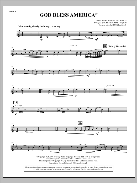 Joseph Martin God Bless America - Violin 2 sheet music notes and chords arranged for Choir Instrumental Pak