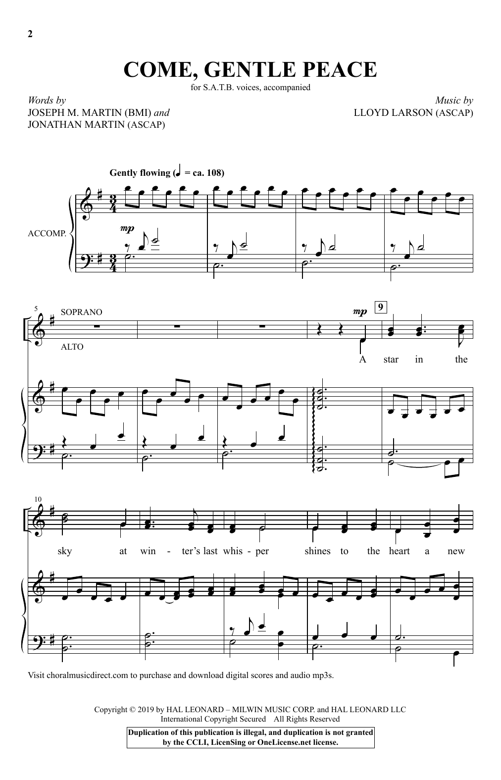 Joseph Martin, Jonathan Martin & Lloyd Larson Come, Gentle Peace sheet music notes and chords arranged for SATB Choir