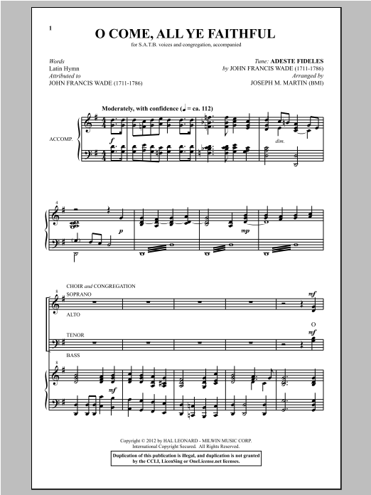 Joseph Martin O Come, All Ye Faithful (from Carols For Choir And Congregation) sheet music notes and chords arranged for SATB Choir