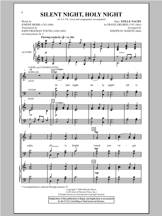 Joseph Martin Silent Night, Holy Night (from Carols For Choir And Congregation) sheet music notes and chords arranged for SATB Choir