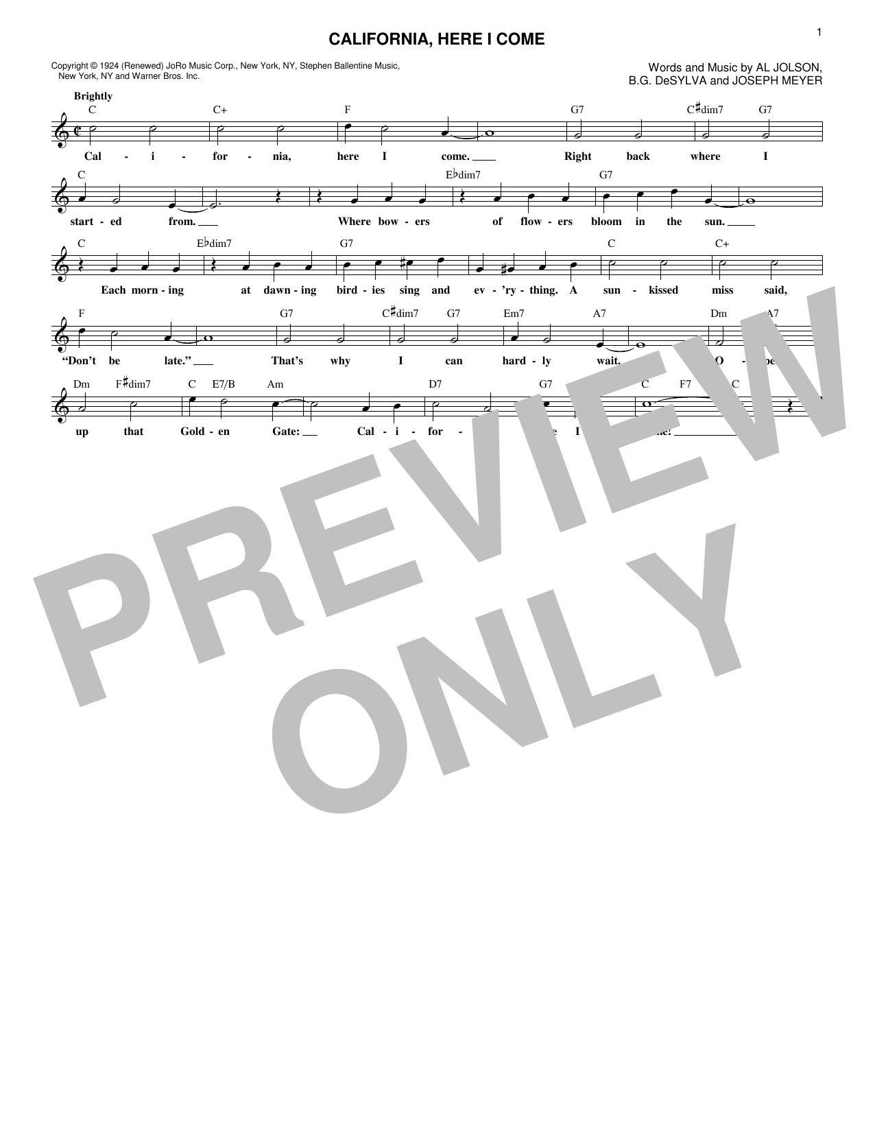 Joseph Meyer California, Here I Come sheet music notes and chords arranged for Lead Sheet / Fake Book