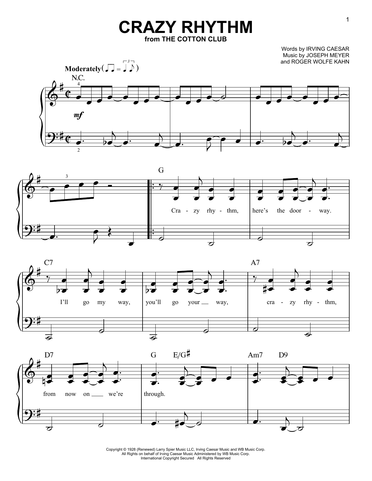 Joseph Meyer Crazy Rhythm sheet music notes and chords arranged for Easy Piano