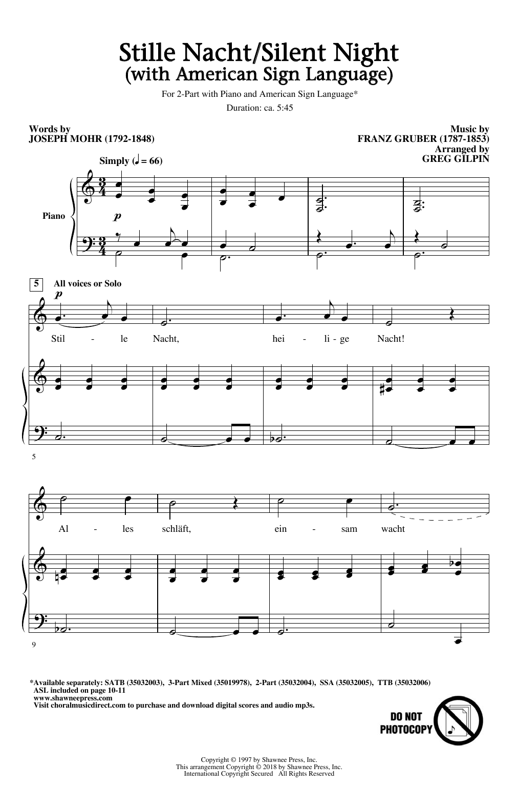 Joseph Mohr & Franz Grubert Stille Nacht/Silent Night (With American Sign Language) (arr. Greg Gilpin) sheet music notes and chords arranged for 2-Part Choir