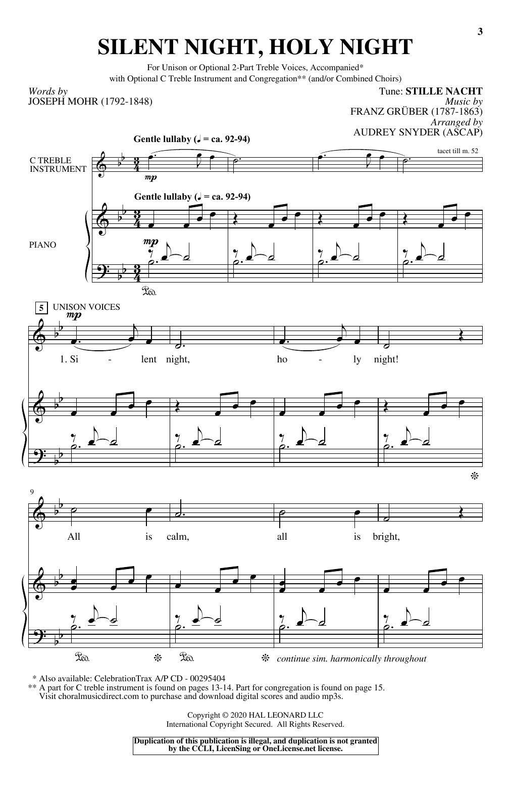 Joseph Mohr and Franz Gruber Silent Night, Holy Night (arr. Audrey Snyder) sheet music notes and chords arranged for Unison Choir