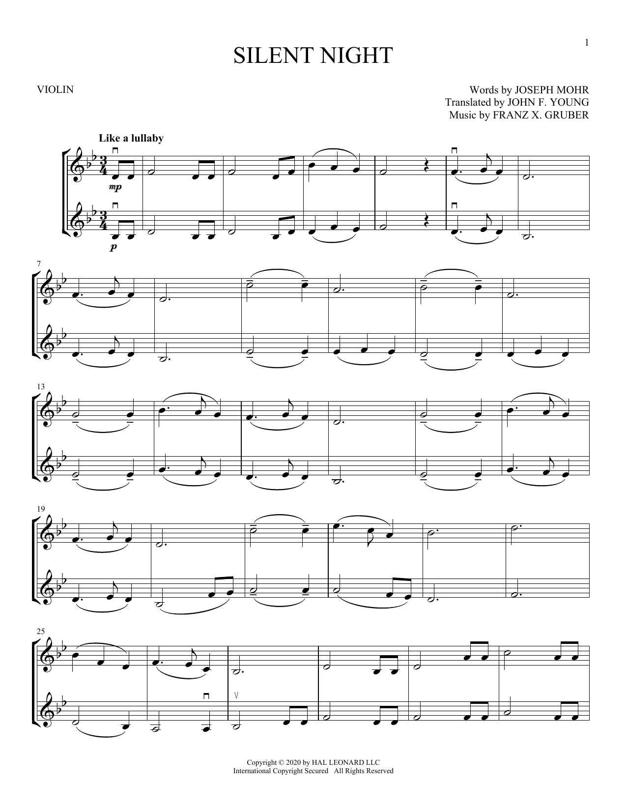Joseph Möhr and Franz Gruber Silent Night sheet music notes and chords arranged for Violin Duet