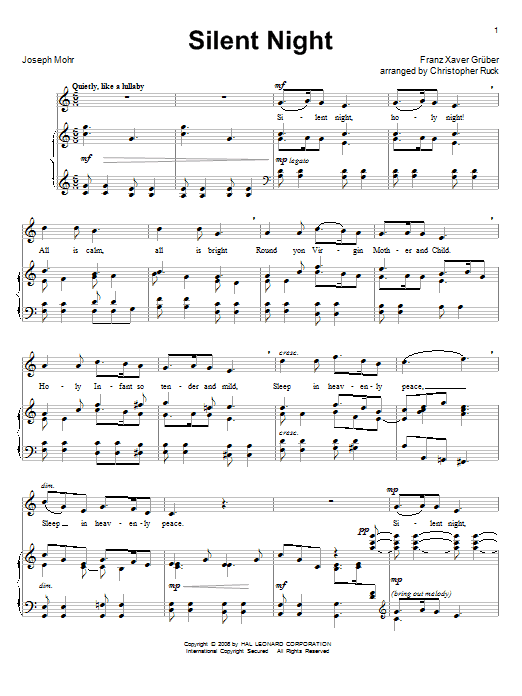 Joseph Mohr Silent Night (arr. Christopher Ruck) sheet music notes and chords arranged for Piano & Vocal