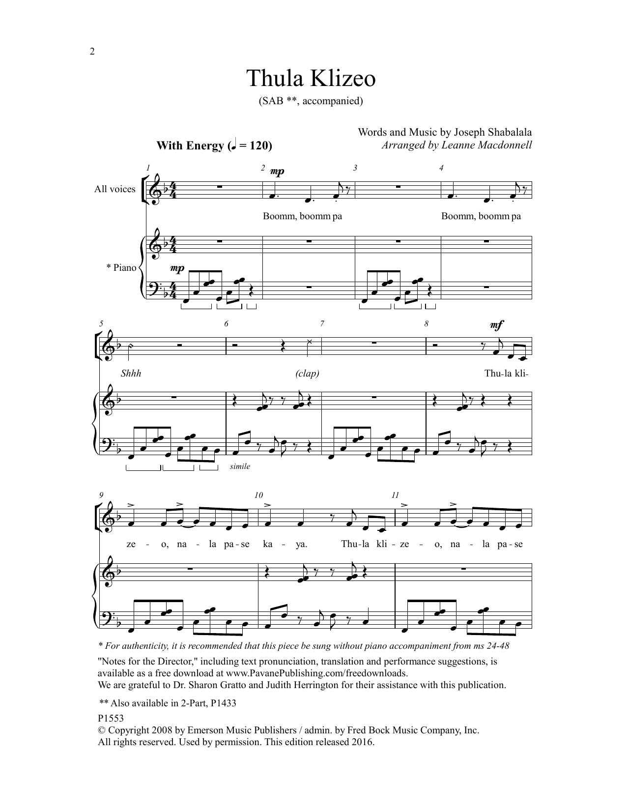 Joseph Shabala Thula Klizeo sheet music notes and chords arranged for SAB Choir