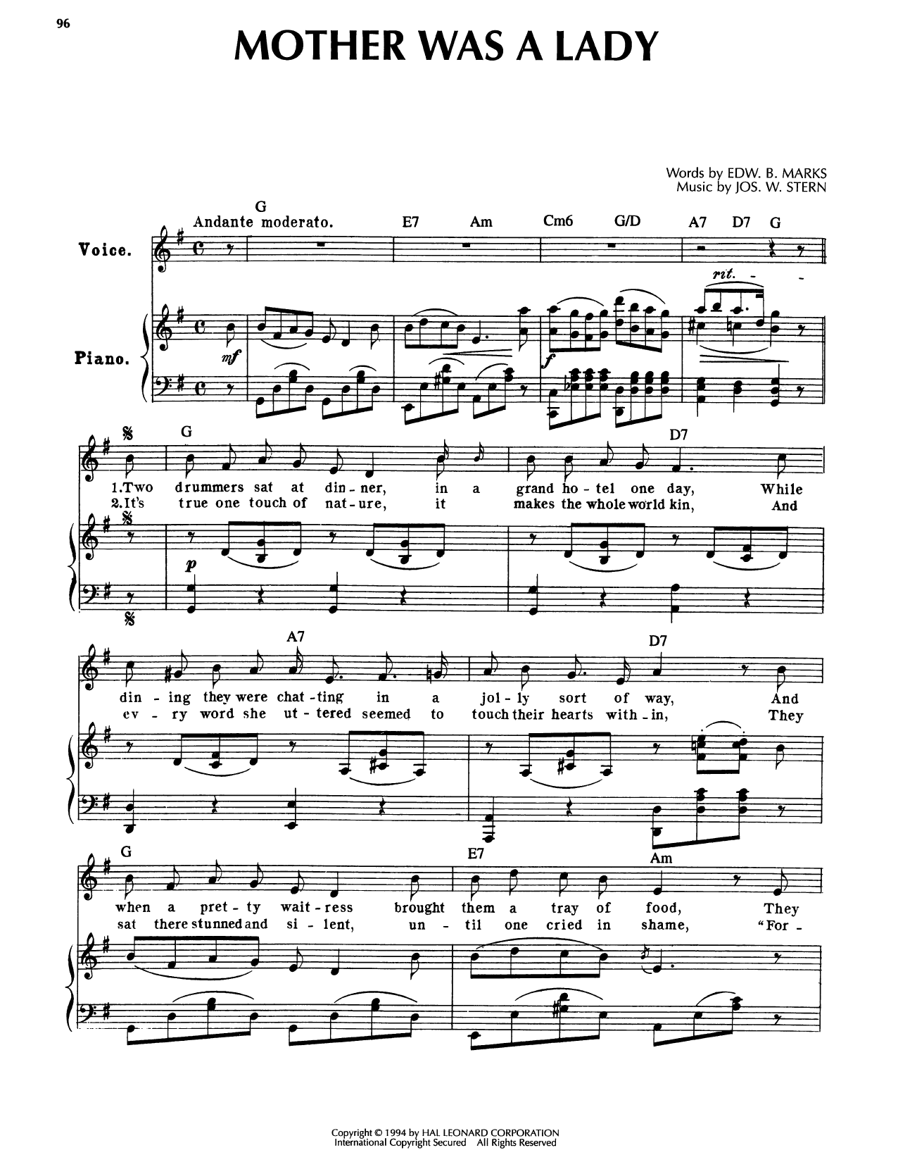 Joseph W. Stern Mother Was A Lady sheet music notes and chords arranged for Piano, Vocal & Guitar Chords (Right-Hand Melody)
