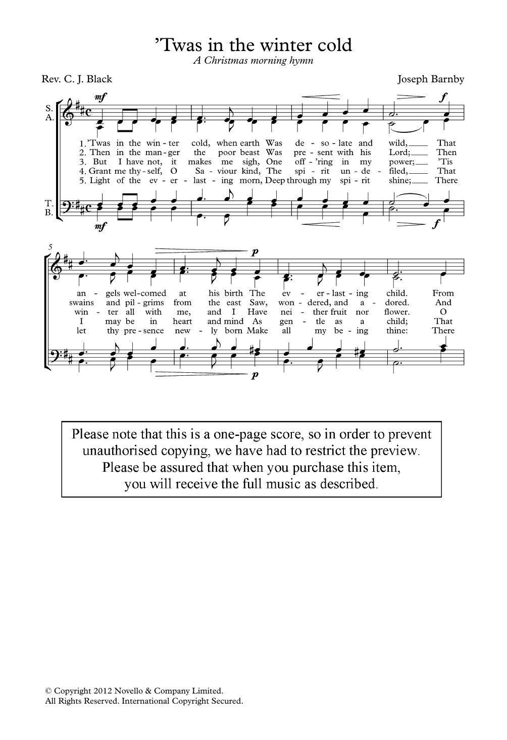 Joseph Barnby 'Twas In The Winter Cold sheet music notes and chords arranged for SATB Choir