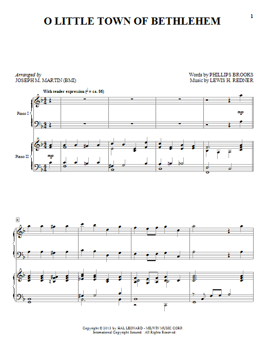 Joseph M. Martin O Little Town Of Bethlehem sheet music notes and chords arranged for Piano Duet