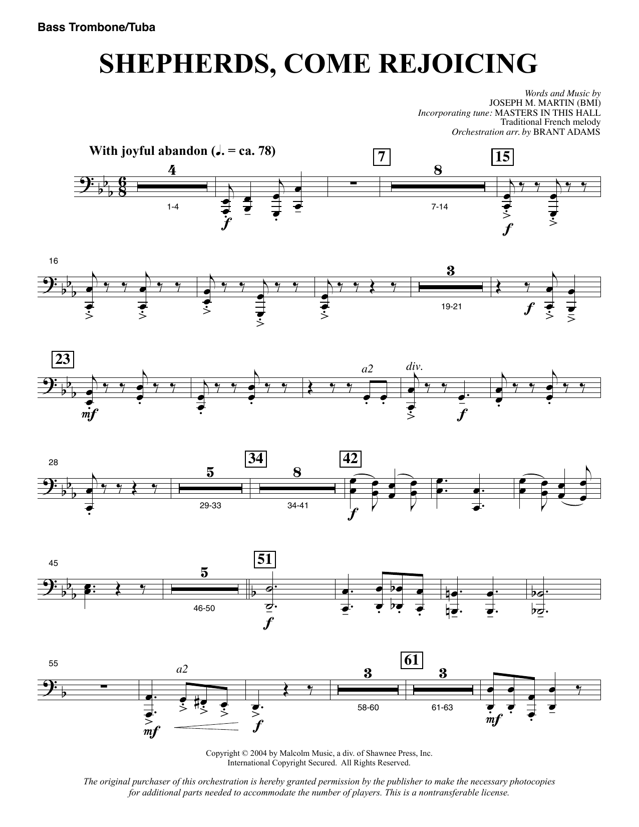 Joseph M. Martin Shepherds, Come Rejoicing (from Voices Of Christmas) - Bass Trombone/Tuba sheet music notes and chords. Download Printable PDF.