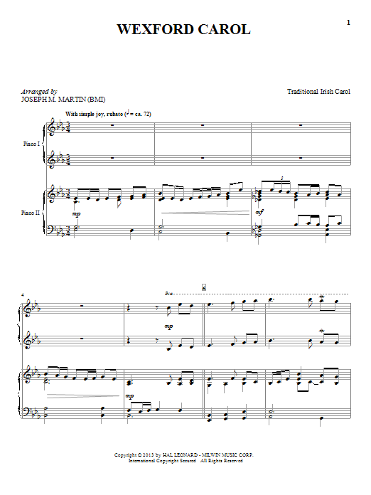 Joseph M. Martin Wexford Carol sheet music notes and chords arranged for Piano Duet