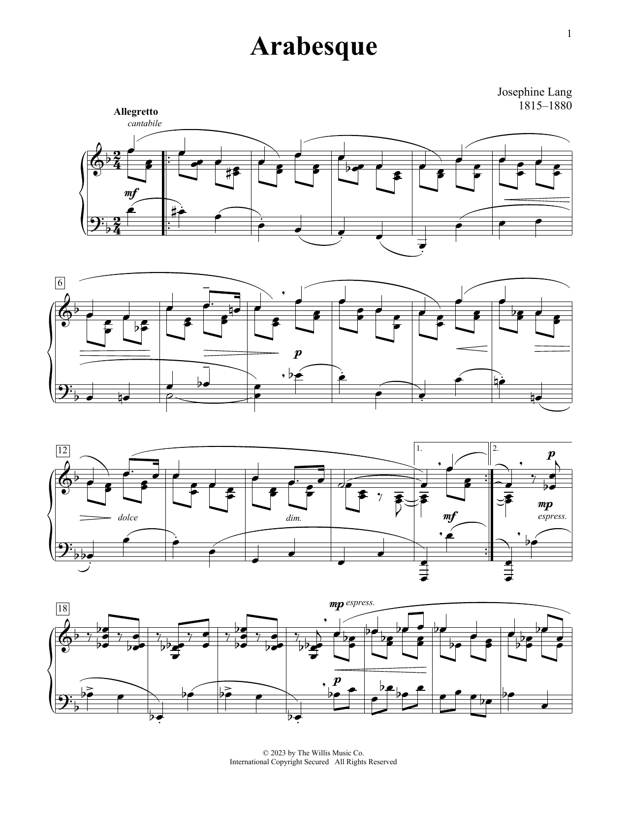 Josephine Lang Arabesque sheet music notes and chords arranged for Educational Piano
