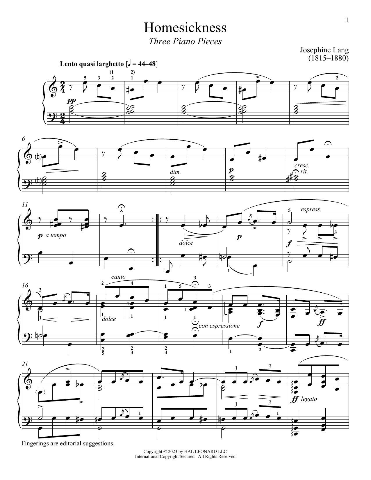 Josephine Lang Homesickness sheet music notes and chords arranged for Piano Solo