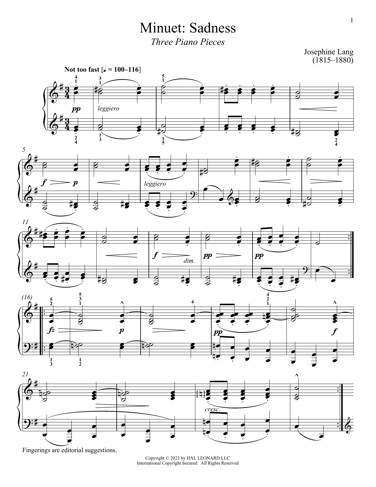 Josephine Lang Minuet: Sadness sheet music notes and chords arranged for Piano Solo