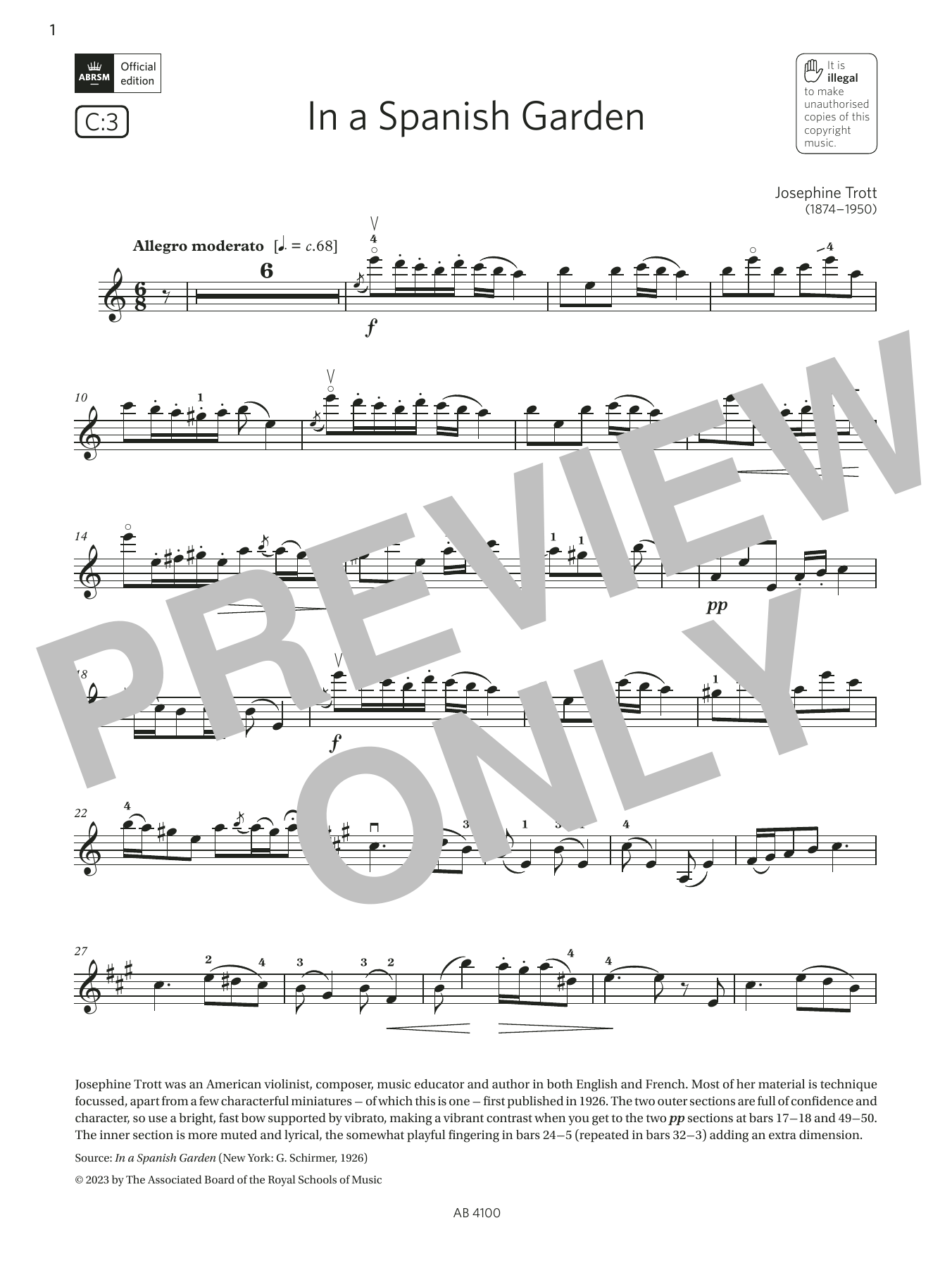 Josephine Trott In a Spanish Garden (Grade 6, C3, from the ABRSM Violin Syllabus from 2024) sheet music notes and chords arranged for Violin Solo