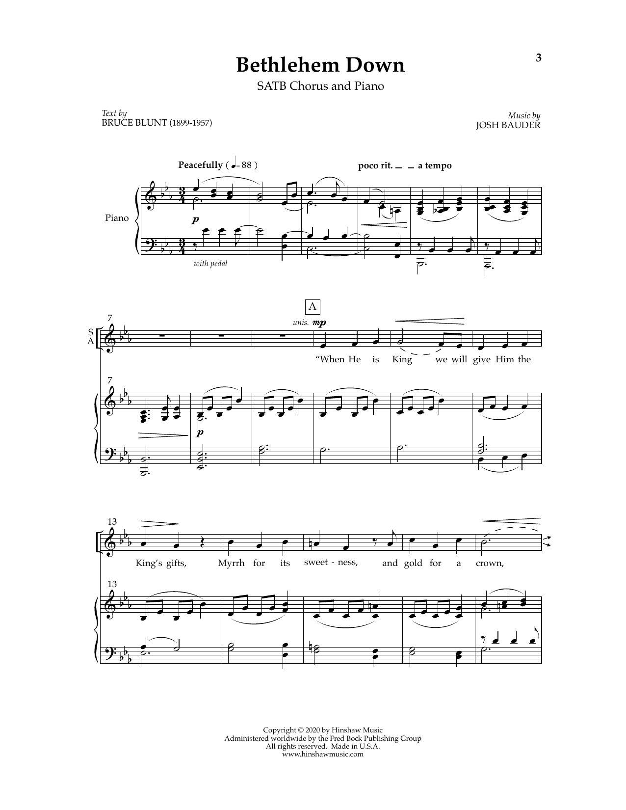 Josh Bauder and Bruce Blunt Bethlehem Down sheet music notes and chords arranged for SATB Choir