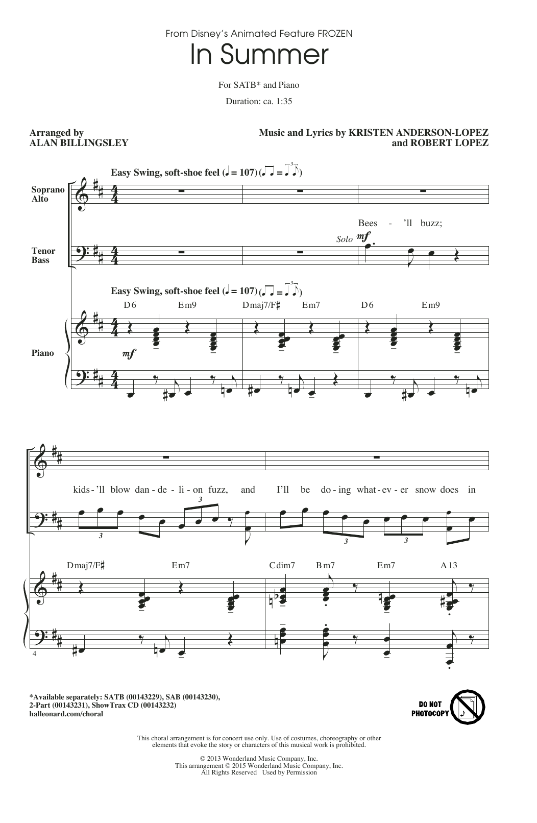 Josh Gad In Summer (from Frozen) (arr. Alan Billingsley) sheet music notes and chords arranged for SATB Choir
