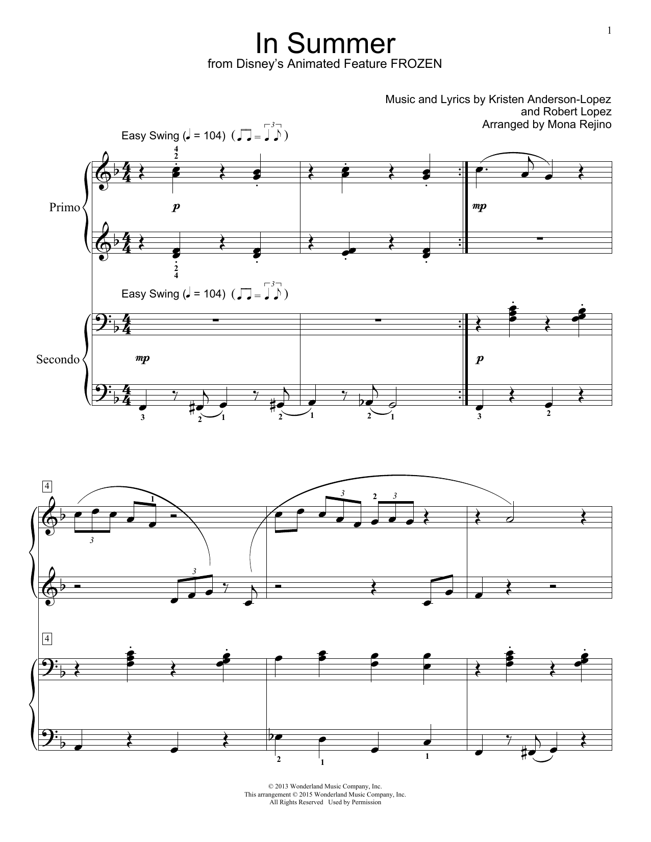 Josh Gad In Summer (from Frozen) (arr. Mona Rejino) sheet music notes and chords arranged for Piano Duet