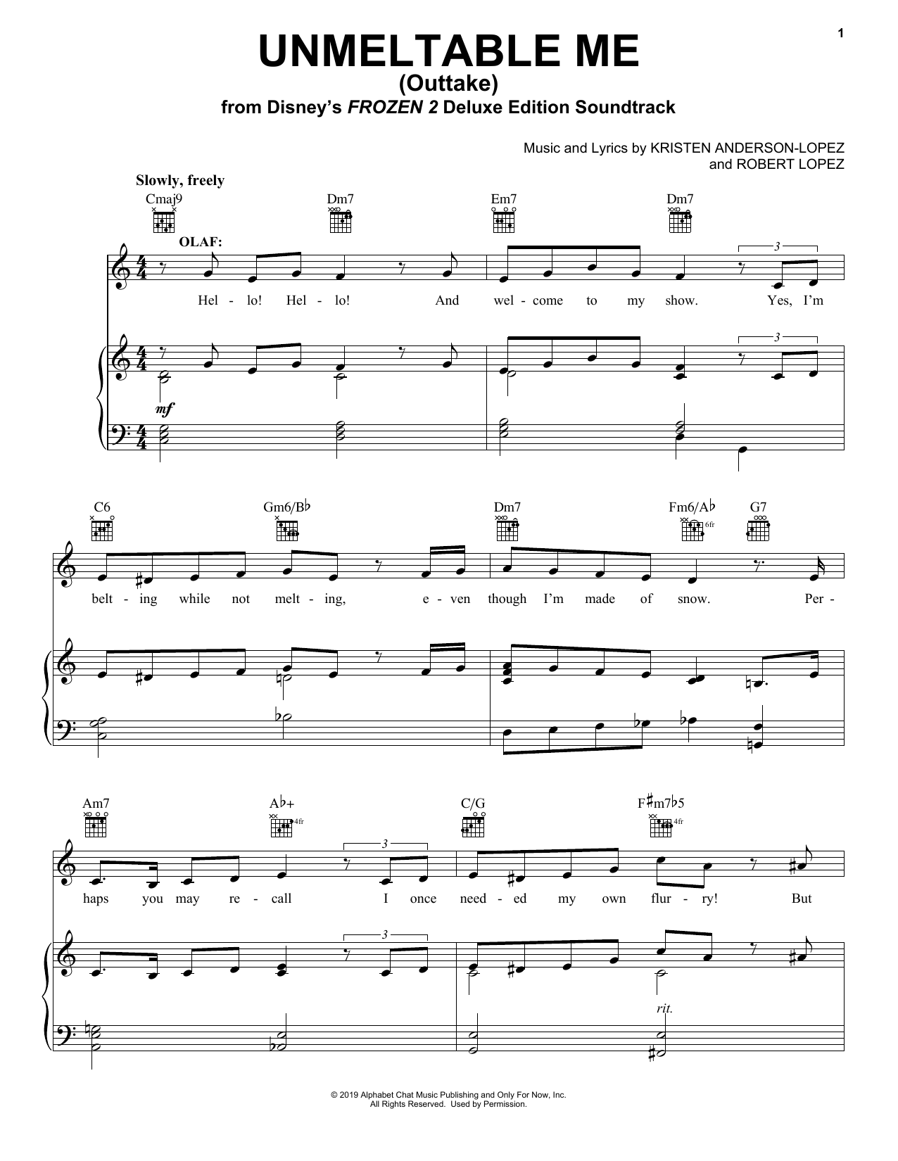 Josh Gad Unmeltable Me - Outtake (from Disney's Frozen 2) sheet music notes and chords arranged for Piano, Vocal & Guitar Chords (Right-Hand Melody)