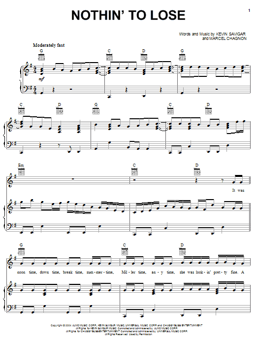 Josh Gracin Nothin' To Lose sheet music notes and chords arranged for Piano, Vocal & Guitar Chords (Right-Hand Melody)