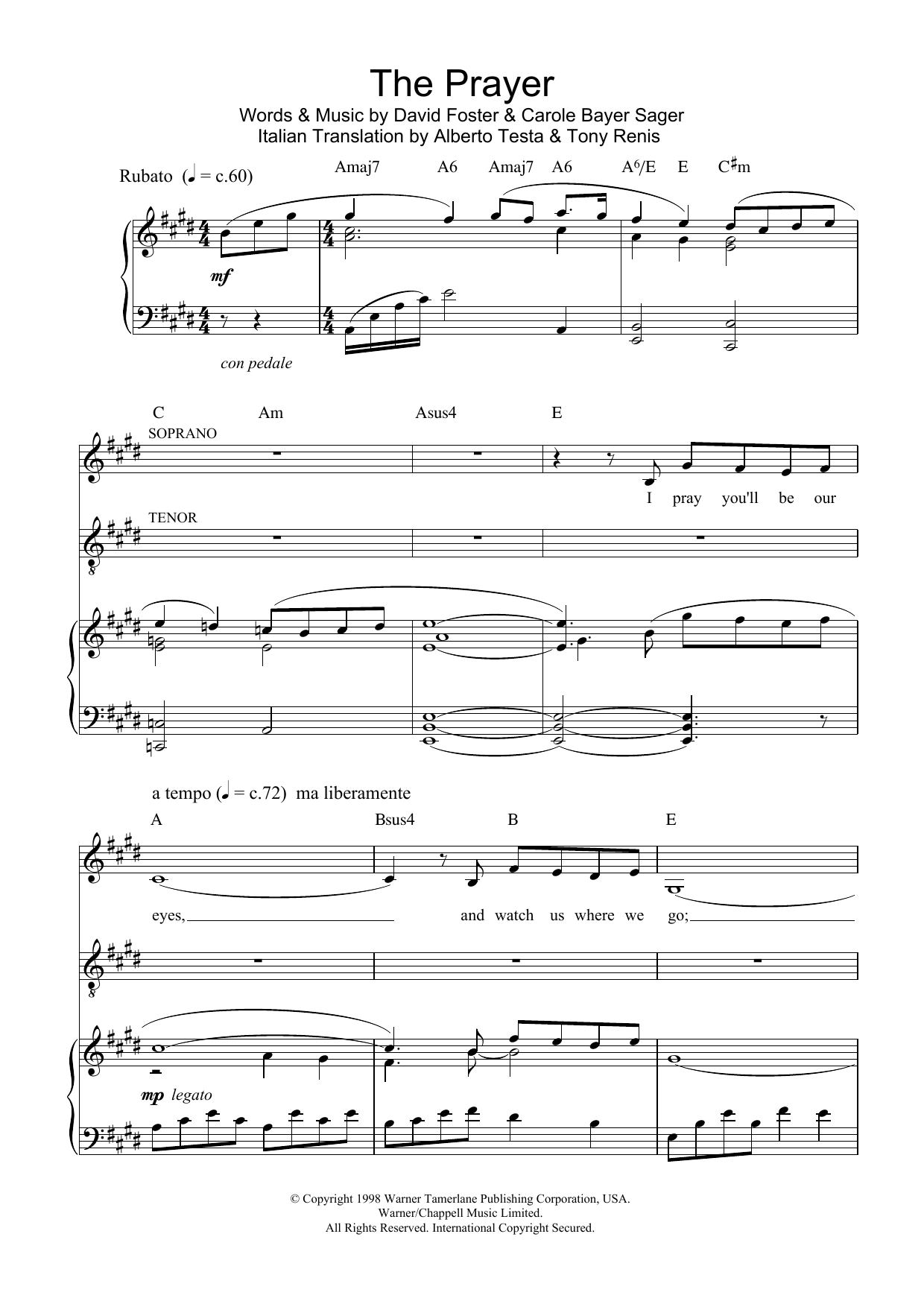 Josh Groban & Charlotte Church The Prayer sheet music notes and chords arranged for Piano, Vocal & Guitar Chords (Right-Hand Melody)