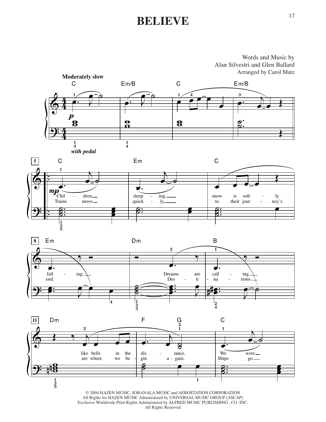 Josh Groban Believe (from The Polar Express) (arr. Carol Matz) sheet music notes and chords arranged for Big Note Piano