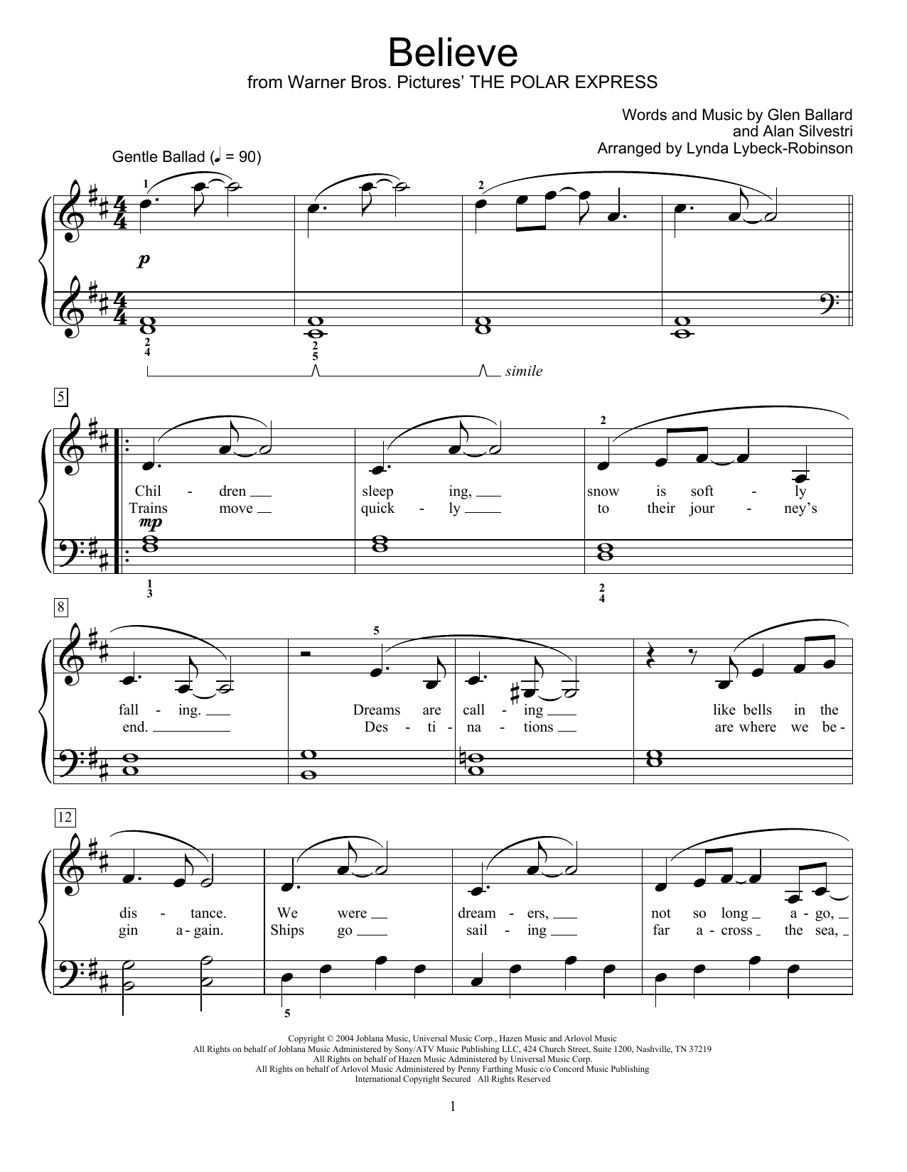 Josh Groban Believe (from The Polar Express) (arr. Lynda Lybeck-Robinson) sheet music notes and chords arranged for Educational Piano