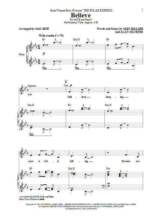 Josh Groban Believe (from The Polar Express) (arr. Mac Huff) sheet music notes and chords arranged for SAB Choir