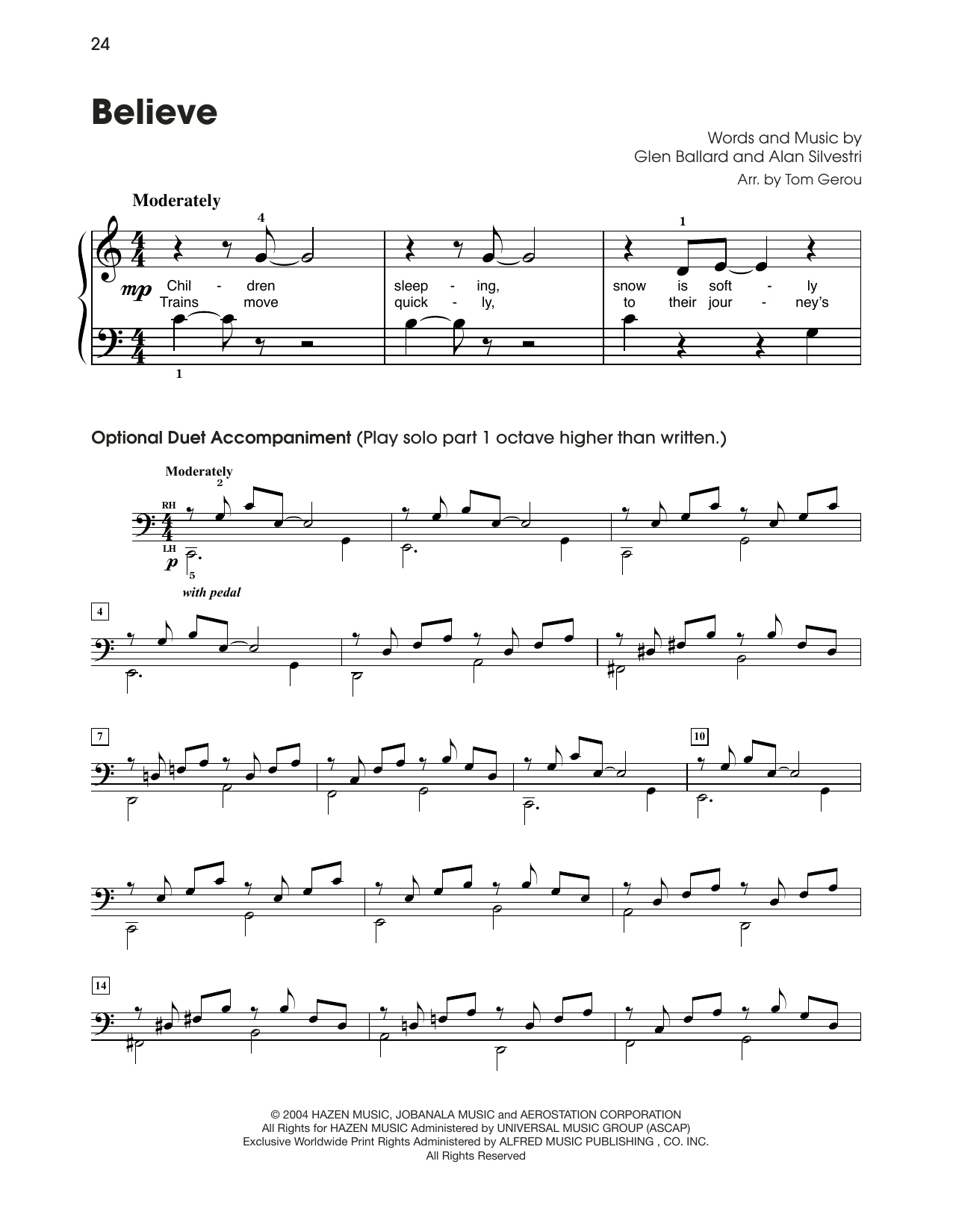 Josh Groban Believe (from The Polar Express) (arr. Tom Gerou) sheet music notes and chords arranged for 5-Finger Piano