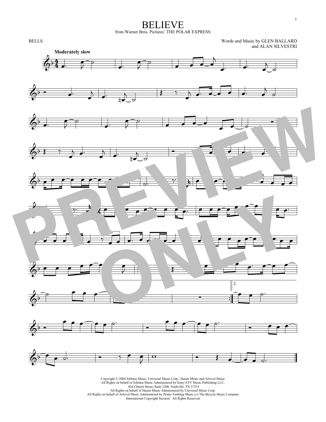 Josh Groban Believe sheet music notes and chords arranged for Bells Solo