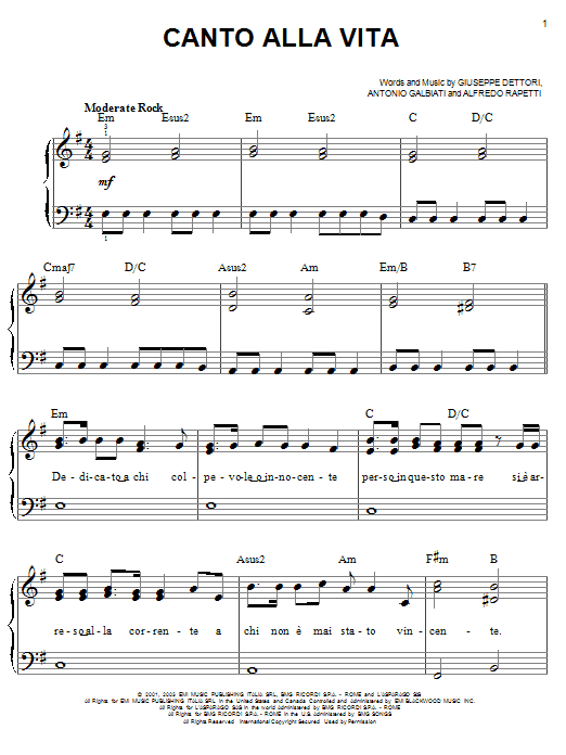 Josh Groban Canto Alla Vita sheet music notes and chords arranged for Easy Piano