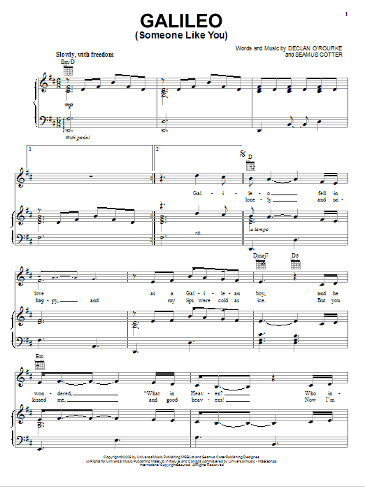 Josh Groban Galileo (Someone Like You) sheet music notes and chords arranged for Piano, Vocal & Guitar Chords (Right-Hand Melody)